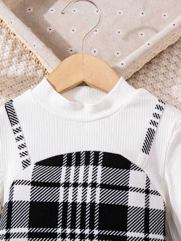 Young Girl Plaid Print 2 In 1 Dress For Christmas,Great For Casual & Daily Wear & School Daily In Autumn & Winter