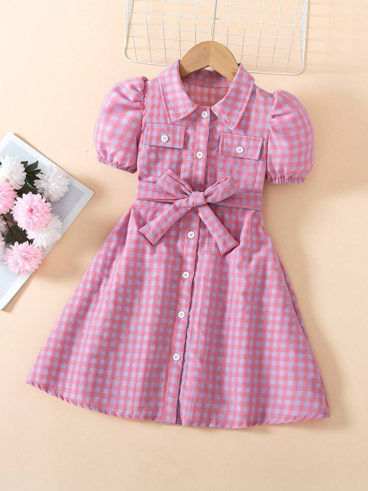 Young Girl Plaid Print Button Front Short Sleeve Dress With Belt