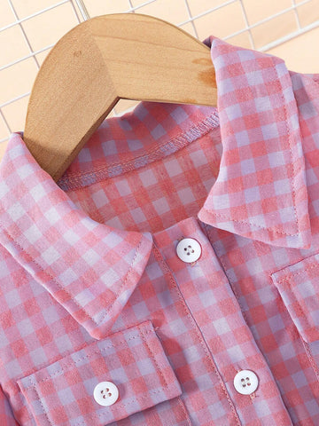 Young Girl Plaid Print Button Front Short Sleeve Dress With Belt