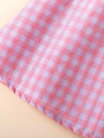Young Girl Plaid Print Button Front Short Sleeve Dress With Belt