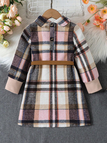 Young Girl Plaid Print Collar Long Sleeve Dress With Pockets
