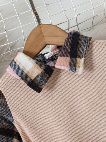 Young Girl Plaid Print Collar Long Sleeve Dress With Pockets