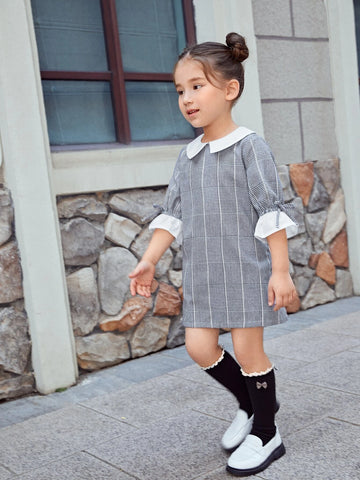 Young Girl Plaid Print Flounce Sleeve Dress
