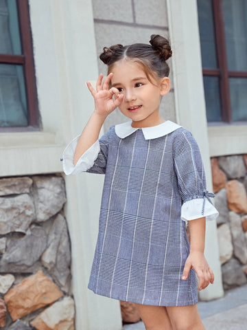 Young Girl Plaid Print Flounce Sleeve Dress
