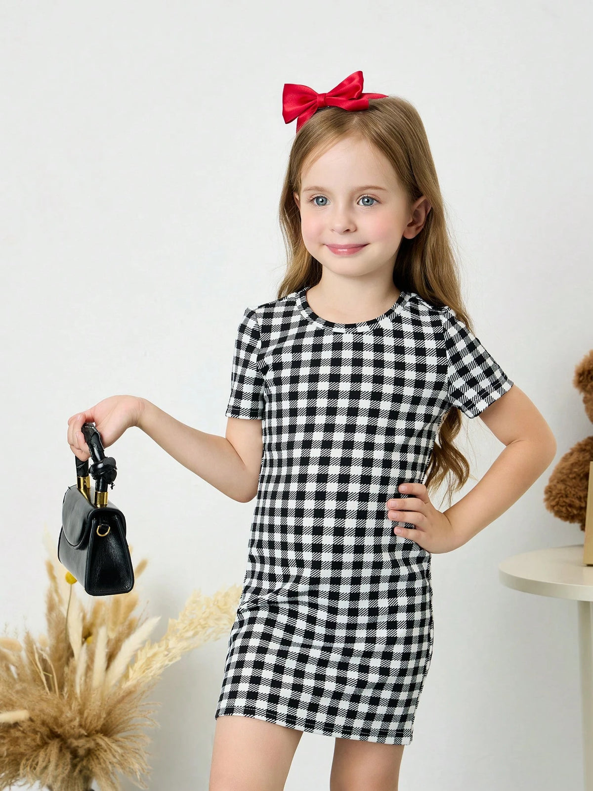 Young Girl Plaid Round Neck Knit Long Sleeve Dress, Autumn/Winter