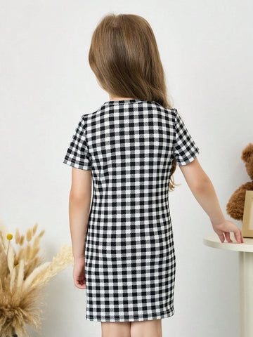 Young Girl Plaid Round Neck Knit Long Sleeve Dress, Autumn/Winter