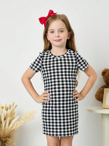 Young Girl Plaid Round Neck Knit Long Sleeve Dress, Autumn/Winter