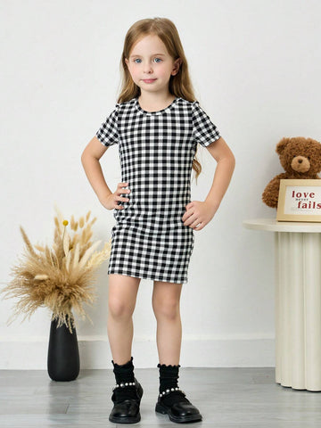 Young Girl Plaid Round Neck Knit Long Sleeve Dress, Autumn/Winter