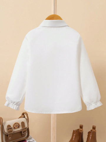 Young Girl Plain Bow-Decor Front Button Long Sleeve Shirt