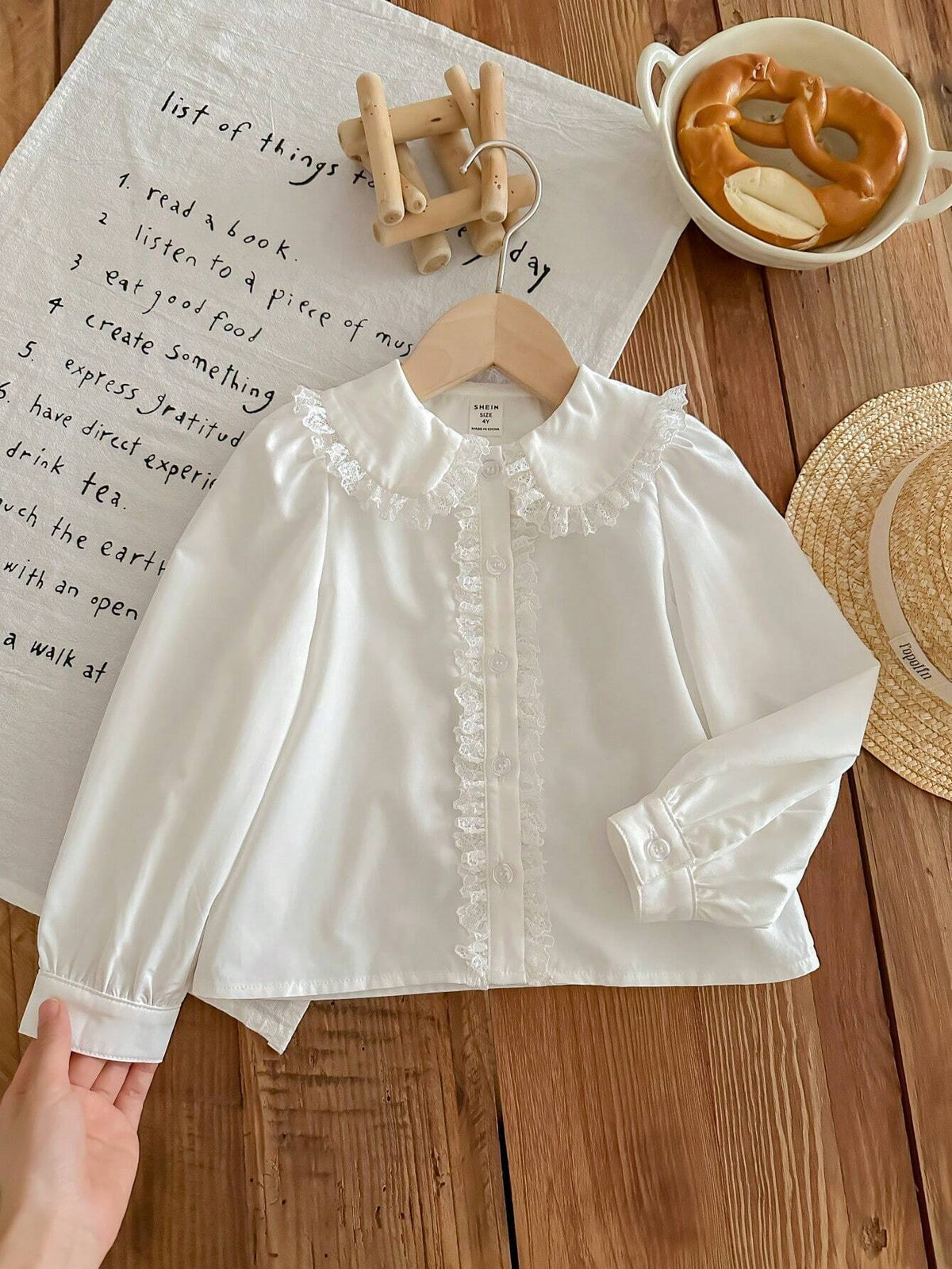 Young Girl Plain Collar White Loose Casual Woven Lace Shirt,Suitable For Christmas, Party Occasion Wear,Autumn & Winter