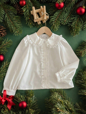 Young Girl Plain Collar White Loose Casual Woven Lace Shirt,Suitable For Christmas, Party Occasion Wear,Autumn & Winter