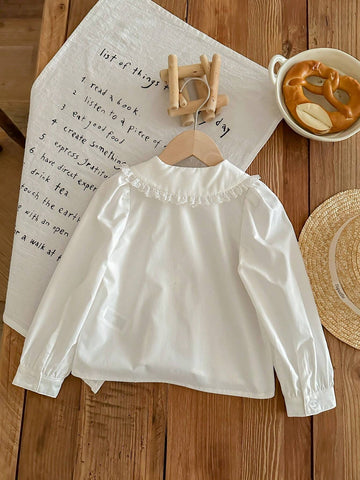 Young Girl Plain Collar White Loose Casual Woven Lace Shirt,Suitable For Christmas, Party Occasion Wear,Autumn & Winter