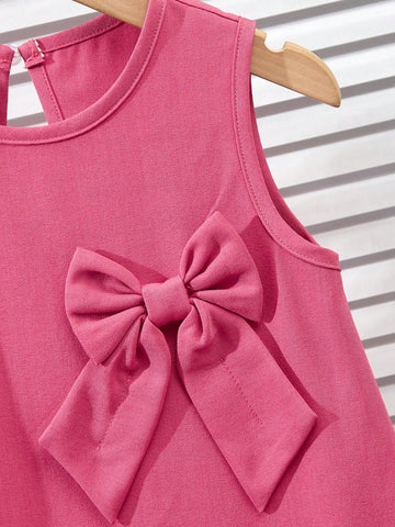 Young Girl Plain Color Bow Decor Round Neck Sleeveless Dress Young Girls Dresses