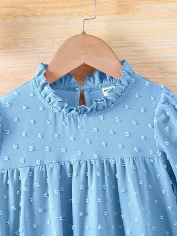 Young Girl Plain Color Ruffle Collar Long Sleeve Casual Dress