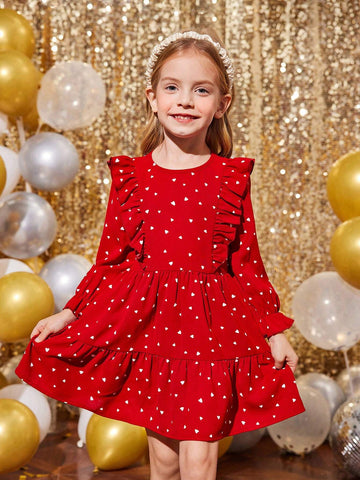 Young Girl Plain Fabric Heart Pattern Round Neck Ruffle Trim Fitted Casual Dress