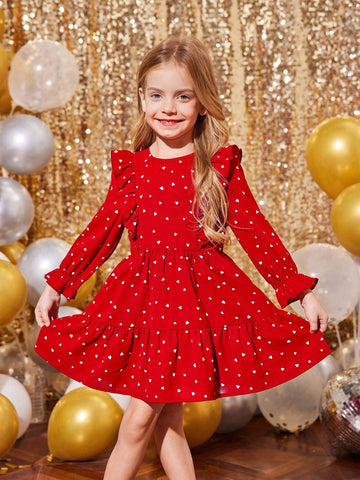 Young Girl Plain Fabric Heart Pattern Round Neck Ruffle Trim Fitted Casual Dress