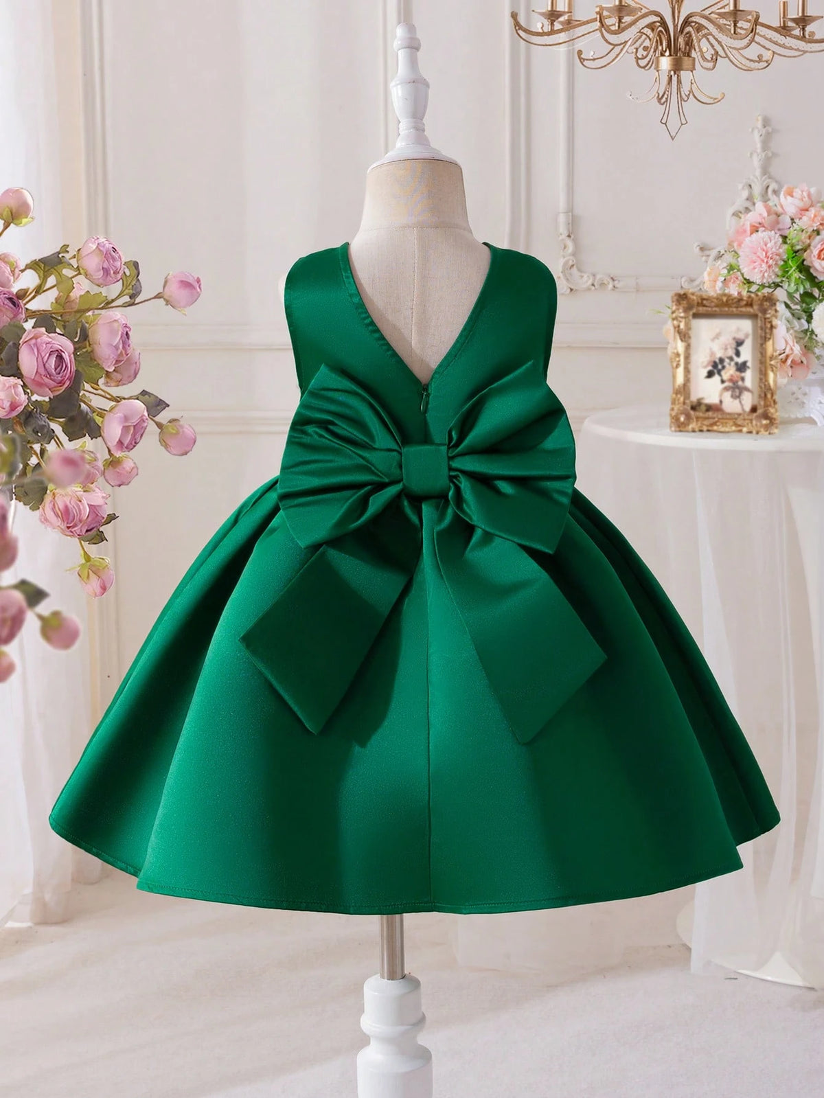 Young Girl Plain Sleeveless Round Neck 3D Bow Jumper Dress, Casual Style