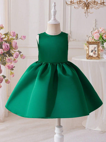 Young Girl Plain Sleeveless Round Neck 3D Bow Jumper Dress, Casual Style