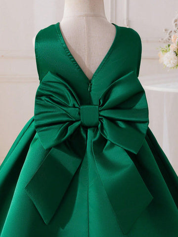 Young Girl Plain Sleeveless Round Neck 3D Bow Jumper Dress, Casual Style