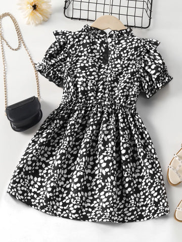 Young Girl Plant Print Ruffle Trim Puff Sleeve Dress