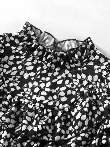 Young Girl Plant Print Ruffle Trim Puff Sleeve Dress