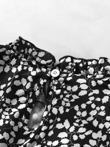 Young Girl Plant Print Ruffle Trim Puff Sleeve Dress