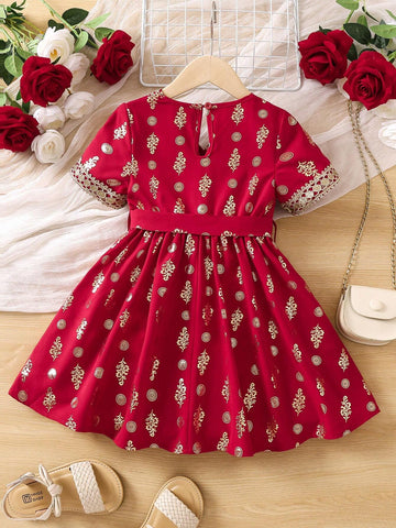 Young Girl Plants Print Contrast Guipure Lace Belted Dress