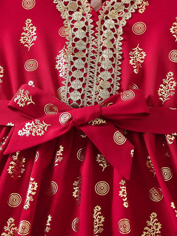 Young Girl Plants Print Contrast Guipure Lace Belted Dress