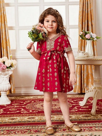 Young Girl Plants Print Contrast Guipure Lace Belted Dress