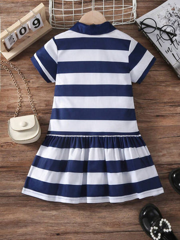 Young Girl Polo Collar Striped Dress, Fashionable & Elegant College Style