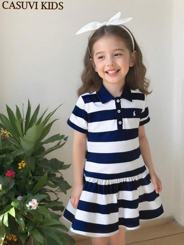 Young Girl Polo Collar Striped Dress, Fashionable & Elegant College Style