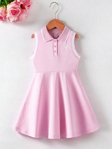 Young Girl' Preppy Heart & Stripe Print Sleeveless Polo Collar Dress, Summer
