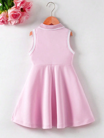 Young Girl' Preppy Heart & Stripe Print Sleeveless Polo Collar Dress, Summer