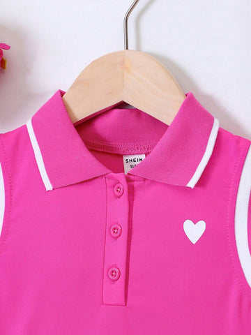 Young Girl Preppy Style Heart-Shaped Print Striped Trim Ribbed Collar Sleeveless Dress For Summer