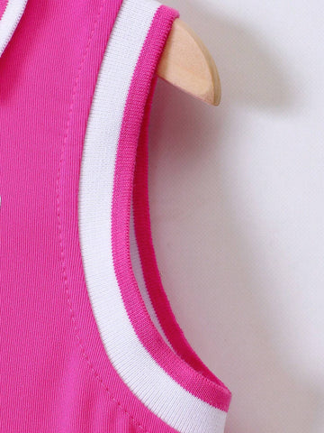Young Girl Preppy Style Heart-Shaped Print Striped Trim Ribbed Collar Sleeveless Dress For Summer