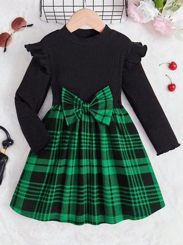 Young Girl Preppy Style Plaid Patchwork Bow Decor Long Sleeve Dress