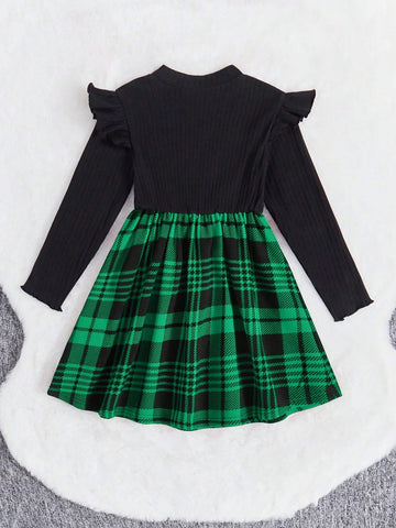 Young Girl Preppy Style Plaid Patchwork Bow Decor Long Sleeve Dress
