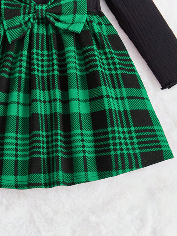 Young Girl Preppy Style Plaid Patchwork Bow Decor Long Sleeve Dress