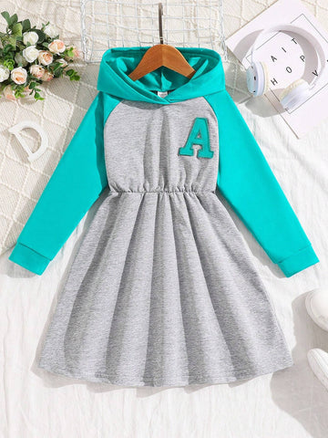 Young Girl Princess Casual Fashion Sports Trendy Colorblock Letter Hooded Dress