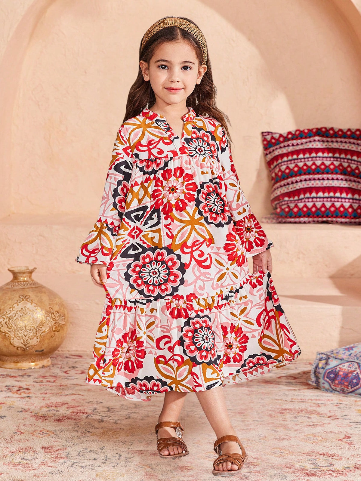 Young Girl Printed Loose Fit Vacation Dress With Stand Collar
