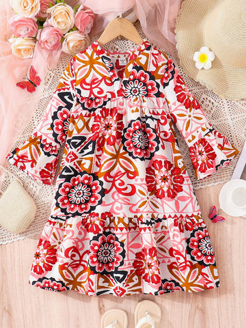 Young Girl Printed Loose Fit Vacation Dress With Stand Collar
