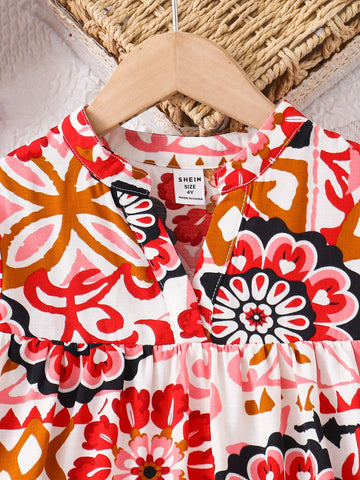 Young Girl Printed Loose Fit Vacation Dress With Stand Collar