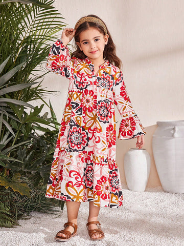 Young Girl Printed Loose Fit Vacation Dress With Stand Collar