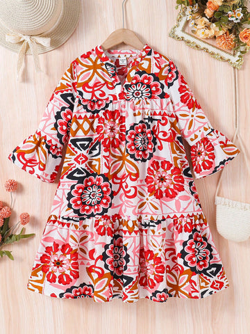 Young Girl Printed Loose Fit Vacation Dress With Stand Collar