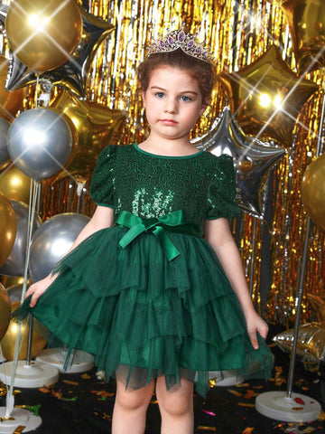 Young Girl Puff Sleeve Bow Front Mesh Hem Belted Party Dress
