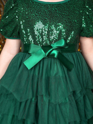 Young Girl Puff Sleeve Bow Front Mesh Hem Belted Party Dress