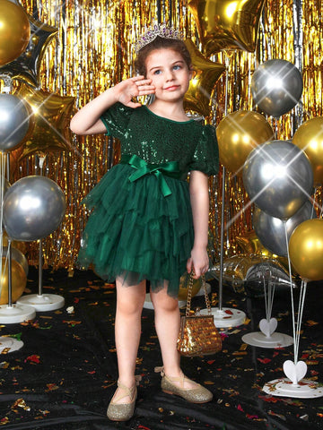Young Girl Puff Sleeve Bow Front Mesh Hem Belted Party Dress
