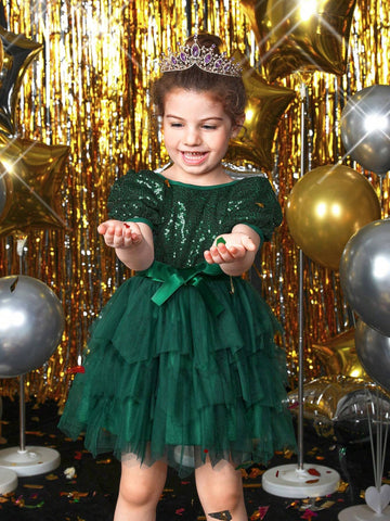 Young Girl Puff Sleeve Bow Front Mesh Hem Belted Party Dress