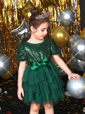 Young Girl Puff Sleeve Bow Front Mesh Hem Belted Party Dress
