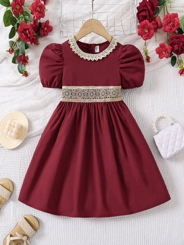 Young Girl Puff Sleeve Ruffled Collar Fashion Mini Dress